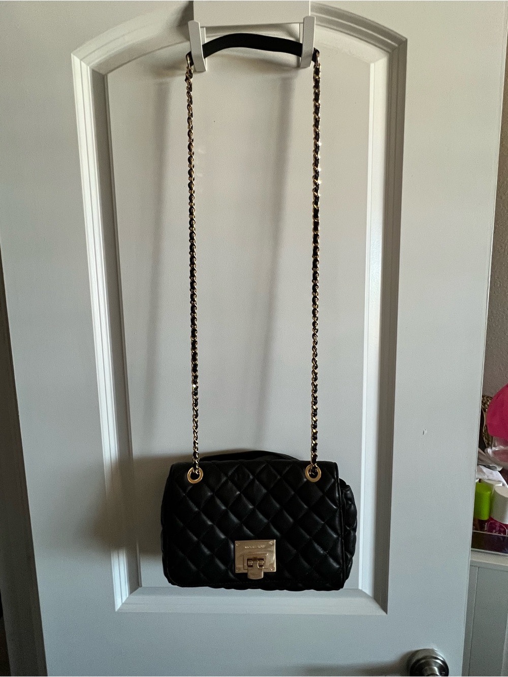 Michael Kors Black Leather Quilted Crossbody with Gold Chain